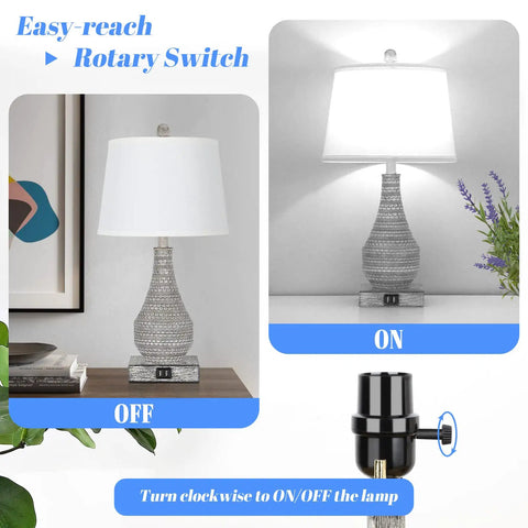 Two Pack Farmhouse Table Lamps With USB Ports For Bedroom Nightstand, 23 Inch Gray Vase Bases And White Shades, ON/OFF Switch