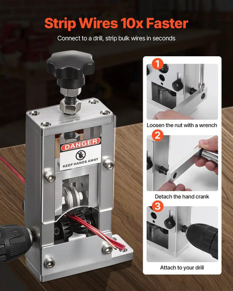 Manual Wire Stripper For Scrap Copper, Portable Hand Crank Or Drill Powered showing stripping process steps