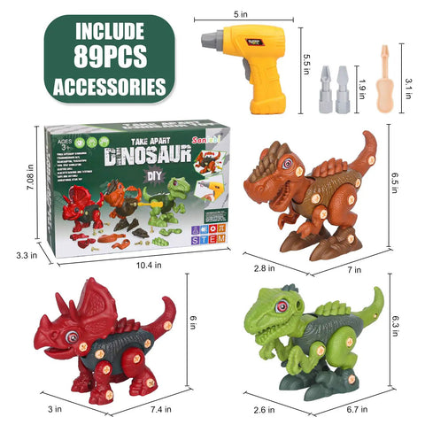 Take Apart Dinosaur Building Kit With Electric Drill For Kids Ages 3 4 5 6 7, STEM Construction Toys For Boys And Girls shown with accessories