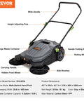 Walk-Behind Hand Push Floor Sweeper With A 25.6 Inch Sweep Width, Manual Non Electric Cleaning Machine, showing features like handle and wheels.