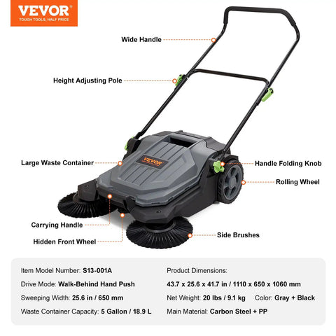 Walk-Behind Hand Push Floor Sweeper With A 25.6 Inch Sweep Width, Manual Non Electric Cleaning Machine, showing features like handle and wheels.