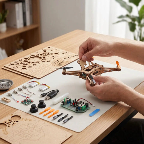 Hands assembling Beginner Friendly DIY Wooden Drone Kit With Full Protective Frame on table with electronics and wood pieces.