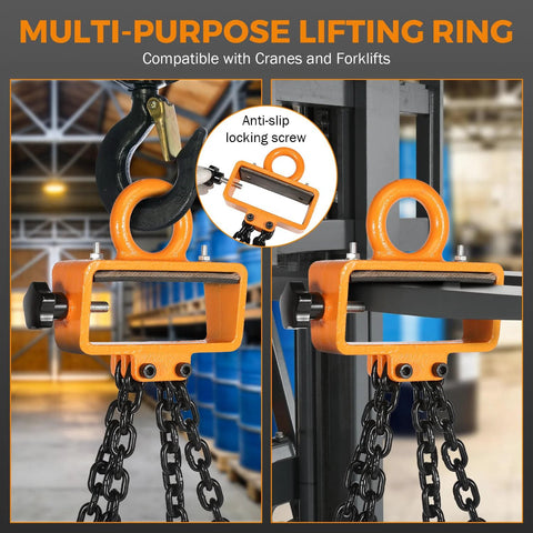 BEAMNOVA orange 2-ton drum lifter with dual chains for 55-gallon drums, forklift hoist compatible