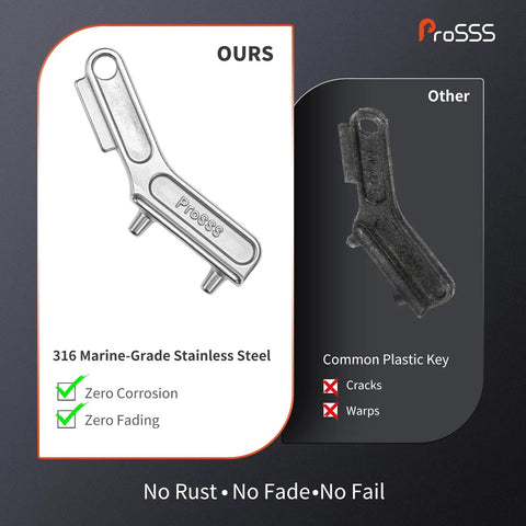 Marine Grade 316 Stainless Steel Deck Fill Key For Boats, Polished Gas Cap Key Set versus plastic key comparison