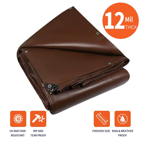 Folded 20x30 Heavy Duty Waterproof 12 Mil Tarp Cover Reversible Tarpaulin With UV Resistance Reinforced Edges And Metal Grommets