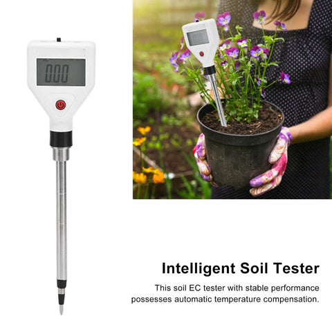 Soil EC Meter 2 In 1 Pro Grade Soil Tester For Conductivity And Temperature With Backlit LCD next to potted plant.