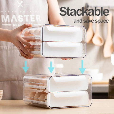 Big Capacity Fridge Egg Organizer With 2 Stackable Clear Trays Holds Up To 32 Eggs Easy Grab Handles Durable Plastic Storage Bin