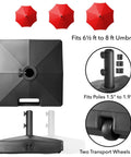 Beefed Up Heavy Duty Outdoor Umbrella Base Fillable To 100 Pounds With Wheels fits 6½ ft to 8 ft umbrellas, showing pole sizes and wheels
