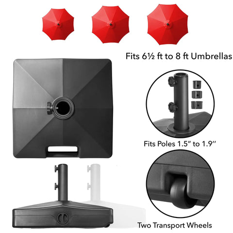 Beefed Up Heavy Duty Outdoor Umbrella Base Fillable To 100 Pounds With Wheels fits 6½ ft to 8 ft umbrellas, showing pole sizes and wheels
