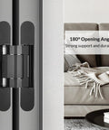 Built Tough Invisible Hydraulic Hinge Set showing 180° opening angle for strong support in modern interiors.