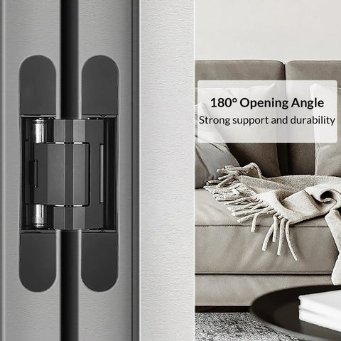 Three Pack Heavy Duty Concealed Door Hinges Offering Smooth Hydraulic Cushioning And Built Tough Brass Craftsmanship For Zero Drama Setup And Bulletproof 180 Degree Swing Plus Reliable 100 Kilogram Load Holding In Cool Grey showing 180° opening angle with strong support.