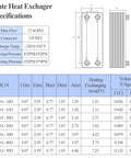 Specifications chart for Beefy Built Tough 3x8 Inch Water To Water Brazed Plate Heat Exchanger With 20 Plates Copper And SS316L Stainless Steel.