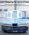 Self Emptying Robot Vacuum and Mop With 6000Pa Suction No Tangling LiDAR Multi Floor Mapping 90 Day Hands Free Cleaning App Control Alexa and Google Assistant for Pet Hair Carpet and Hard Floors, showing smart floor mapping capability for up to 5 floors.