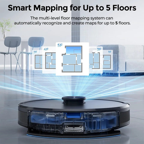 Self Emptying Robot Vacuum and Mop With 6000Pa Suction No Tangling LiDAR Multi Floor Mapping 90 Day Hands Free Cleaning App Control Alexa and Google Assistant for Pet Hair Carpet and Hard Floors, showing smart floor mapping capability for up to 5 floors.