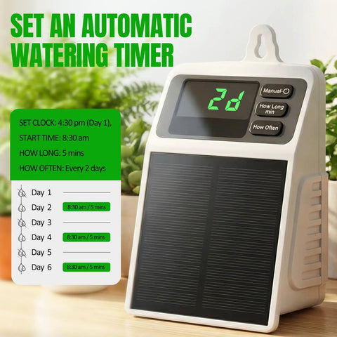 Sun Powered Drip Irrigation System With Auto Watering Kit And Timer, USB Rechargeable for scheduling plant hydration