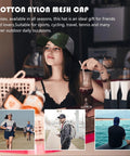 Woman wearing Mens Army Green Trucker Cap With Adjustable Buckle Four Seasons Comfort Stylish Everyday Hat, enjoying a drink.