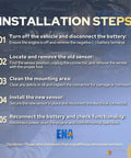 Front view: installation steps poster for ENA MAP sensor replacement, five steps with a mechanic in a workshop.
