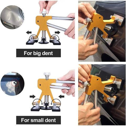 Paintless Dent Repair Kit With Adjustable Width Dent Lifter And Bridge Puller, 45-Piece Glue Tab Set And Glue Gun For Car Body, Motorcycle, And Refrigerator Dents, Easy Durable Dent Removal For DIYers. Gold metal bridge puller on car dent for big and small dents.