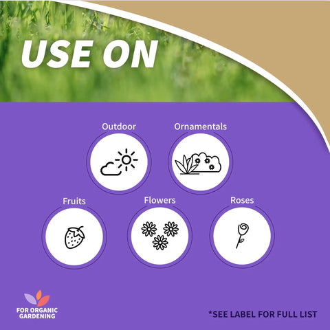 Guide showing Fruit Tree Spray Concentrate For Organic Gardening Insect And Disease Control use on outdoor plants, ornamentals, fruits, flowers, roses