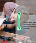 Man inspecting skateboard deck with green Phillips head screw labeled, part of 1.5 Inch Skateboard Mounting Hardware Set With 8 Carbon Steel Screws And Nuts Flat Head Black Finish Replacement Kit For Cruisers No Fuss Install For Secure Grip On Your Deck For Long Lasting Performance.