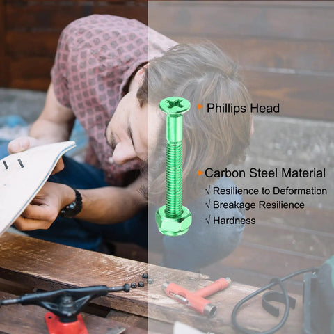 Man inspecting skateboard deck with green Phillips head screw labeled, part of 1.5 Inch Skateboard Mounting Hardware Set With 8 Carbon Steel Screws And Nuts Flat Head Black Finish Replacement Kit For Cruisers No Fuss Install For Secure Grip On Your Deck For Long Lasting Performance.