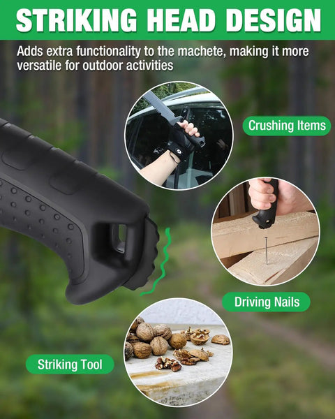16 Inch Heavy Duty Machete With Saw And Sheath, striking head for crushing and driving nails, versatile outdoor use.
