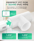Diagram showing 1 inch SCH40 PVC Tee fittings with dimensions, perfect fit for 1 inch PVC pipe, from 12 Pack 1 Inch PVC Tee Pipe Fittings 3 Way Socket To Socket Schedule 40 PVC Connectors For Plumbing, Irrigation, And DIY Projects, Easy Install, Durable Fit For Home Improvement.