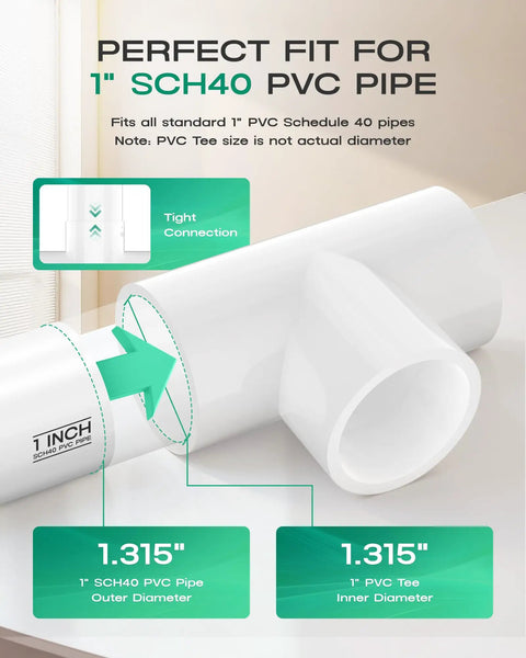 Diagram showing 1 inch SCH40 PVC Tee fittings with dimensions, perfect fit for 1 inch PVC pipe, from 12 Pack 1 Inch PVC Tee Pipe Fittings 3 Way Socket To Socket Schedule 40 PVC Connectors For Plumbing, Irrigation, And DIY Projects, Easy Install, Durable Fit For Home Improvement.