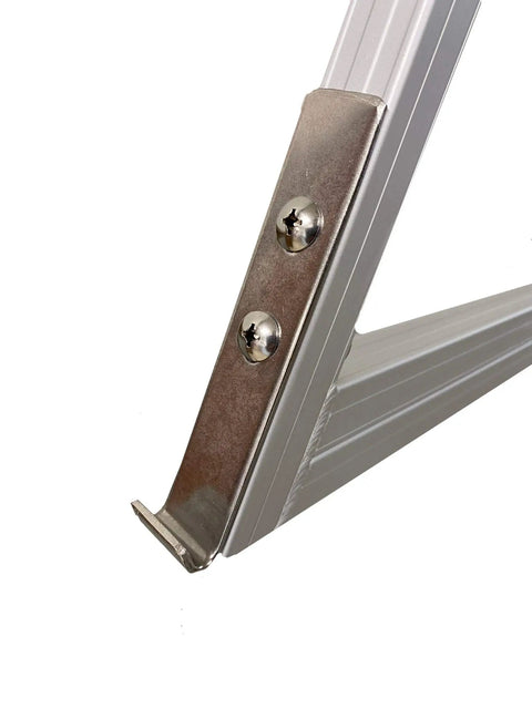 Heavy Duty Aluminum Pontoon Dock Boarding Ladder With Four Wide Steps And 15 Degree Angled Design, Tall Handrails For Easy Dockside Boarding, Removable And Unassembled, Includes Mounting Hardware, Corrosion Resistant Extruded Aluminum close-up of aluminum rail and mounting hardware