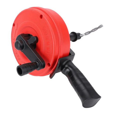 Heavy Duty Manual Drain Auger Snake For Kitchen And Bathroom Plumbing Super Tough Seven Point Five Meter Manganese Steel Cable To Blast Stubborn Clogs And Clear Gunk Fast tool viewed from the side, with red drum and black handle.