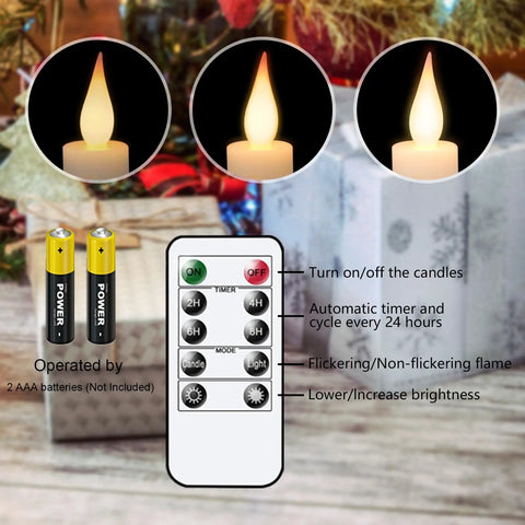 Remote and features with Eight Flameless Taper Candles With Remote Controls And Timer, Battery Operated LED With Real Wax Look.