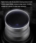 Heavy Duty Electric Espresso Tamper Game Changer With 16 Adjustable Pressure Levels Auto Compresses 58mm Portafilter Locks In Your Perfect Shot Daily Black Finish, digital display showing level 16.