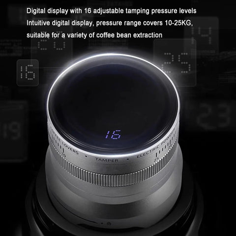 Heavy Duty Electric Espresso Tamper Game Changer With 16 Adjustable Pressure Levels Auto Compresses 58mm Portafilter Locks In Your Perfect Shot Daily Black Finish, digital display showing level 16.