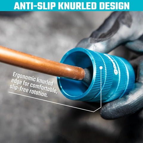 DURATECH pipe reamer with knurled blue grip, deburring copper tube
