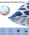 Close-up of 18x18 inch outdoor pillow corner with blue leaf pattern, highlighting high-quality PP cotton fill and durability features.