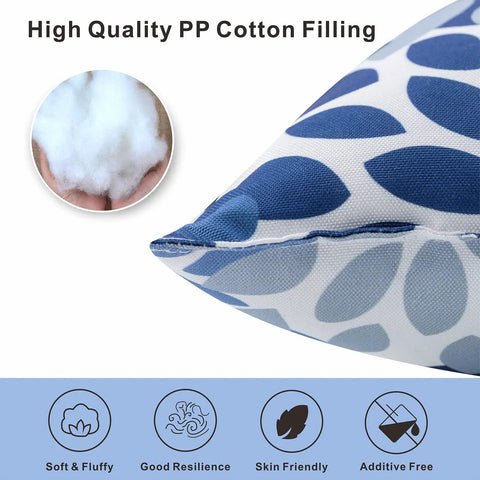 Close-up of 18x18 inch outdoor pillow corner with blue leaf pattern, highlighting high-quality PP cotton fill and durability features.