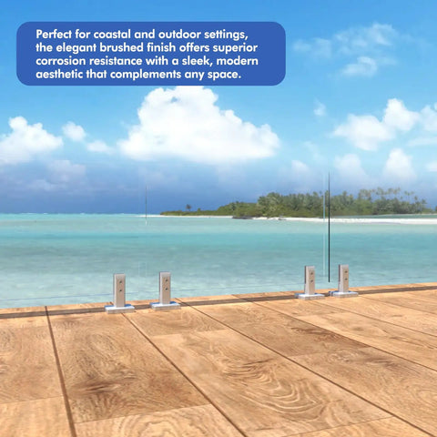 4 Pack SS2205 Marine Grade Stainless Steel Pool Fence Spigots For Glass Railings by the ocean on wooden deck, corrosion resistant.