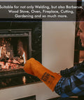 Person wearing Heavy Duty Heat Resistant Leather Welding Gloves With Fireproof Stitching near a fireplace