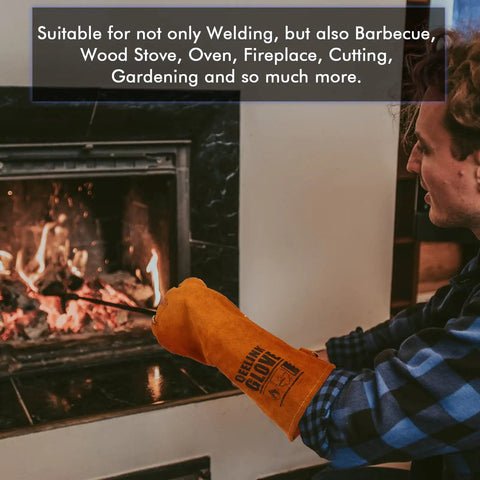 Person wearing Heavy Duty Heat Resistant Leather Welding Gloves With Fireproof Stitching near a fireplace