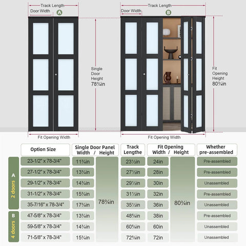 Black Interior Bifold Closet Door Set For 36 By 80 Opening With 3 Lite Tempered Frosted Glass, Concealed Sliding Hardware Kit