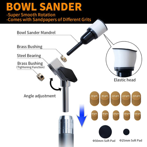 Exploded view of RUITOOL wood lathe turning tools set with bowl sander mandrel, brass bushings, steel bearing, and sanding discs.