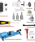 Tabletop Wood Lathe Kit For DIY Woodturning All-In-One Multi-Purpose Lathe With Milling, Cutting, Grinding, And Polishing Capabilities Pro Grade Tool Set For Beginners And Hobbyists Turning Small Projects components and accessories displayed