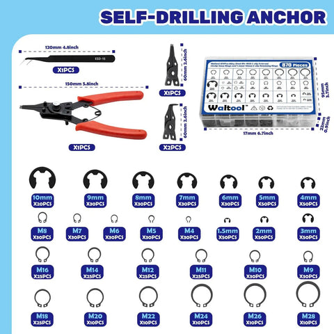 870 Pieces Alloy Steel External C Clip And E Clip Retaining Ring Kit Heavy Duty With 4 In 1 Snap Ring Pliers And Tweezers