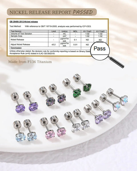 G23 Titanium 5 mm Cz Flatback Earrings Featuring Secure Screw Back 20 Gauge Posts hypoallergenic studs with various colored gems.