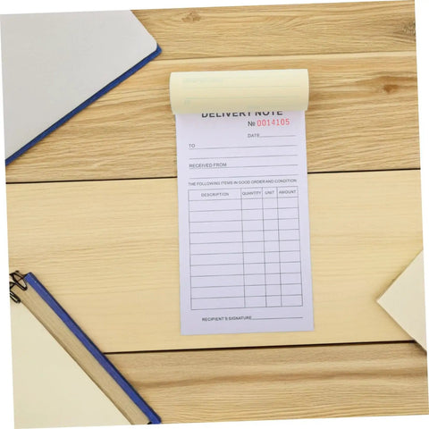 Carbonless Receipt Book 3 Part Duplicate Paper For Quick Customer Invoices And Simple Small Biz Record Keeping Legible Invoice Pad For Transactions And Inventory. receipt book on wood desk