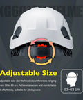 Vented ABS Safety Helmet With Adjustable 6 Point Suspension For Construction Climbing And Industrial Work ANSI Z89.1 Compliant White Protective Headgear with size adjustment feature shown