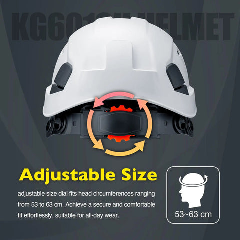 Vented ABS Safety Helmet With Adjustable 6 Point Suspension For Construction Climbing And Industrial Work ANSI Z89.1 Compliant White Protective Headgear with size adjustment feature shown