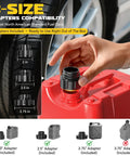 Heavy Duty Cordless Fuel Transfer Pump Rechargeable Battery Gas Dispenser Hose With Savage Flow Rate And No Sweat Setup For Swift Refueling Shop Tasks showing 3 size adapters for compatibility with fuel cans.