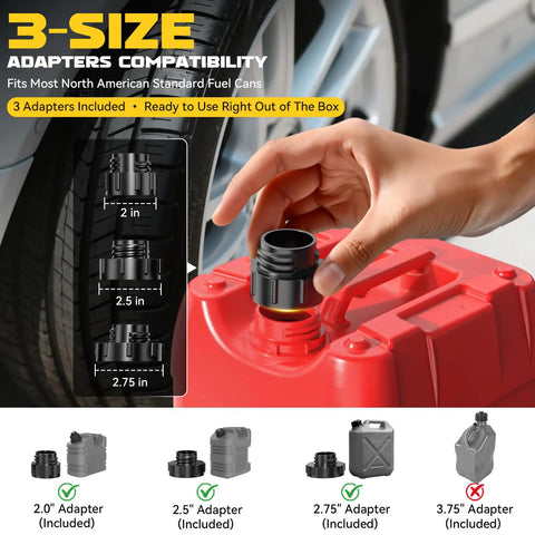 Heavy Duty Cordless Fuel Transfer Pump Rechargeable Battery Gas Dispenser Hose With Savage Flow Rate And No Sweat Setup For Swift Refueling Shop Tasks showing 3 size adapters for compatibility with fuel cans.
