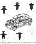 Diagram showing Universal Car Clips And Nylon Plastic Rivets Kit With Six Popular Sizes for bumpers, fenders, and car models.